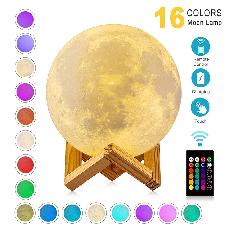 LED Night Light 3D Print Moon Lamp 8CM/12CM Battery Powered With Stand Starry Lamp 7 Color Bedroom Decor Night Lights Kids Gift